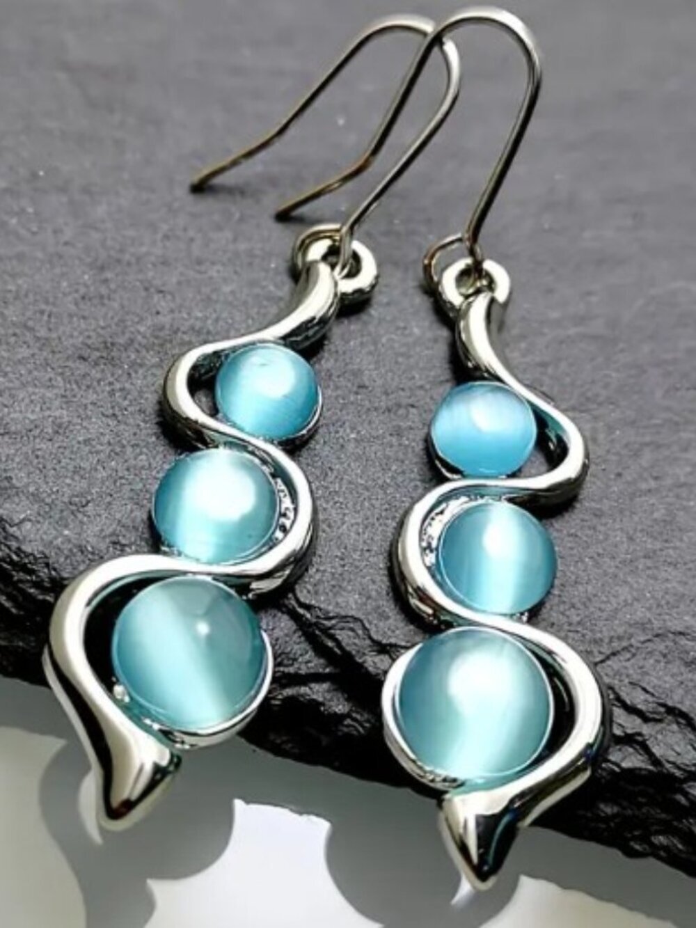 Geometric Cat's Eye Teal Blue Dangle Earrings Bohemian Style